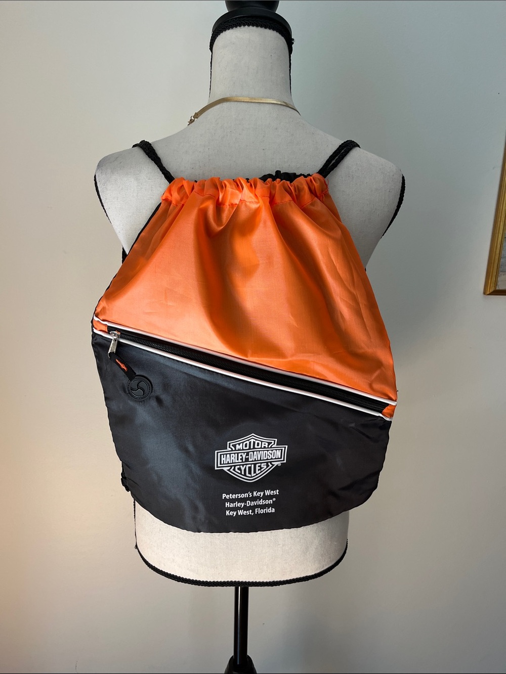 🆕 Harley-Davidson Key West Orange/Black Drawstring Backpack Zipper Pocket Unisex